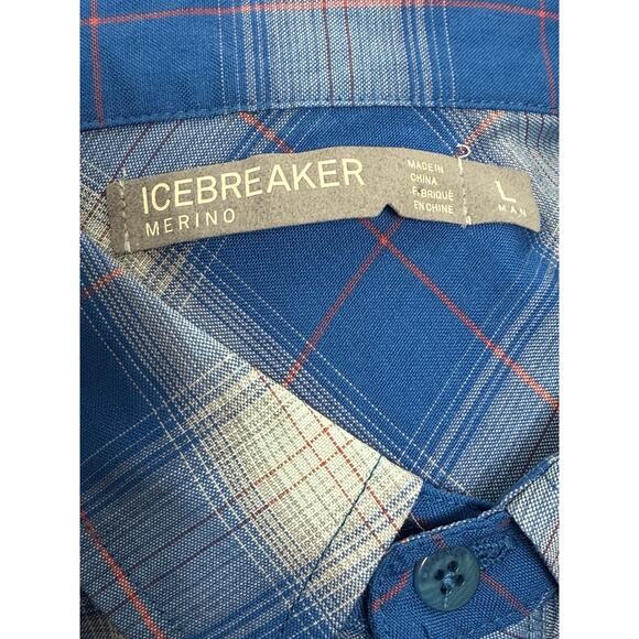 Icebreaker Merino Wool Short Sleeve Blue White Plaid Button Men's L Large Shirt - Picture 3 of 3